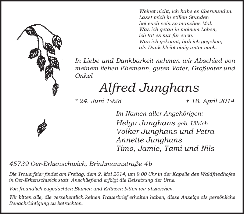 Traueranzeigen von Alfred Junghans sich erinnern.de